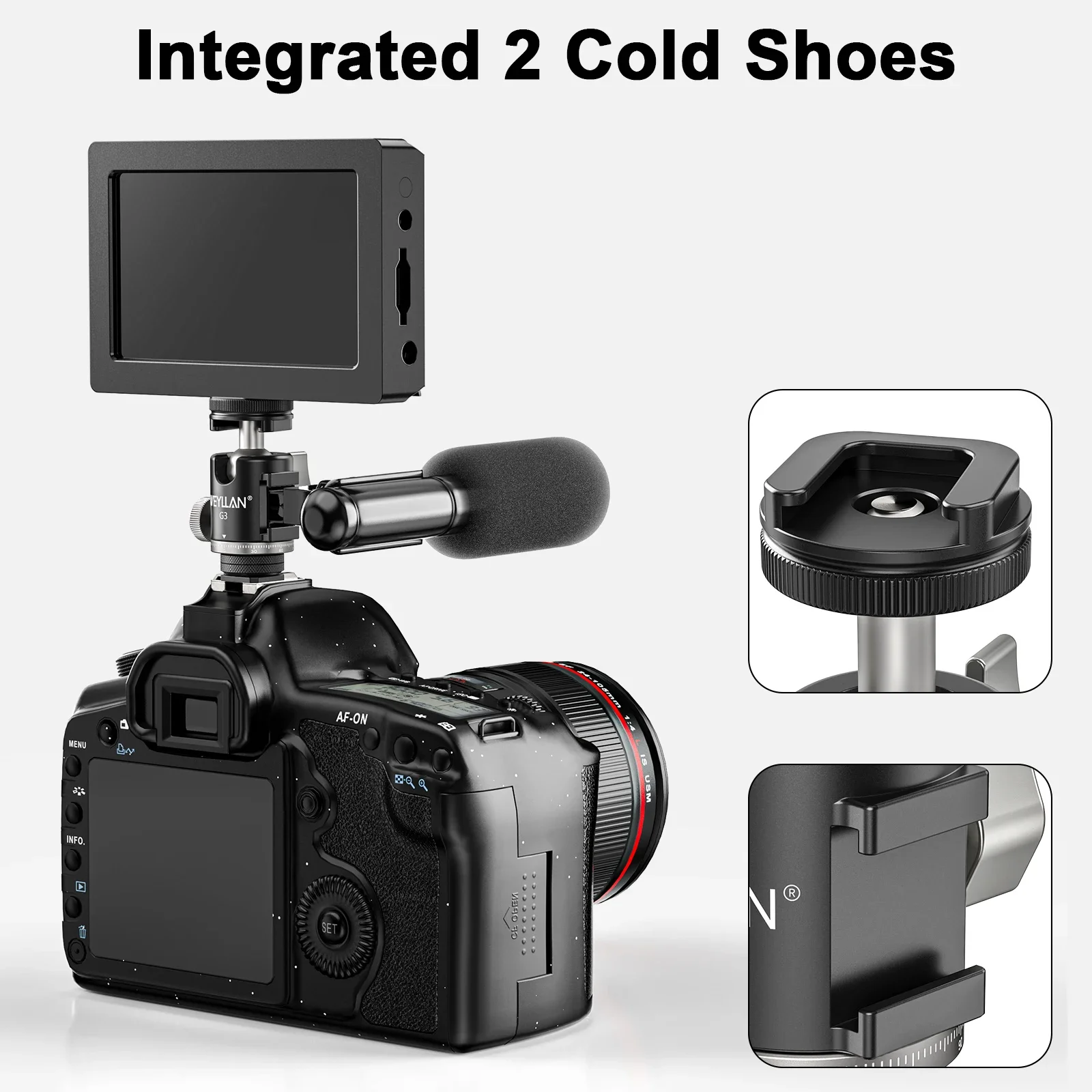 WEYLLAN G3 Dual Cold Shoe Metal Mini Ballhead Tripod Head 1/4'' Screw for Camera Photography Phone Bracket Microphone Fill Light