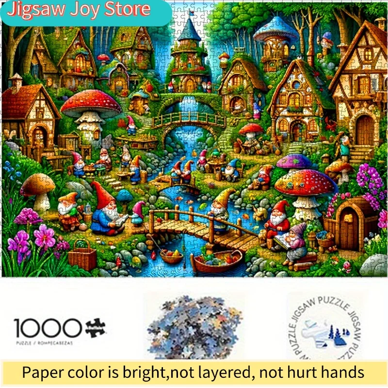 

Paper Jigsaw Puzzle Featuring a Fairy Tale Village And a Dwarf Mushroom House, Perfect for Adults. Ideal for Family Bonding,