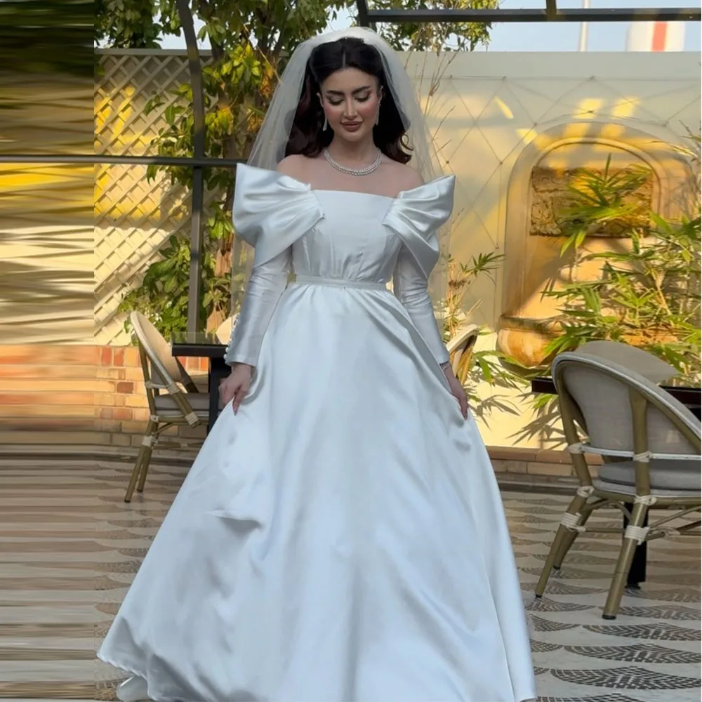 

Custom Ivory Satin A Line Wedding Dress Off The Shoulder Wedding Gowns for Brides Floor Length Saudi Muslim Bridal Gown