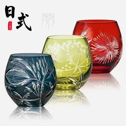 Japanese Exquisite Engraving Flowers Edo Kiriko Wine Glass Art Whiskey Glass Big Belly Whisky Tumbler Drink Cup Wooden Gift Box