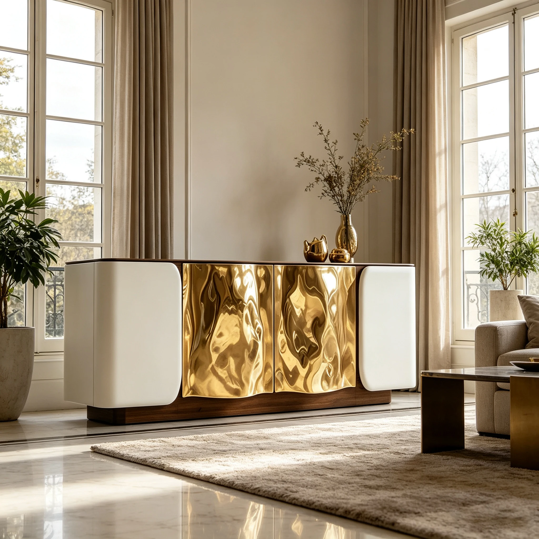 M*-Rounded Ivory Fiberglass Sideboard Hammered Rippled Gold Central Panels 4 Door Storage Cabinet  Living Room