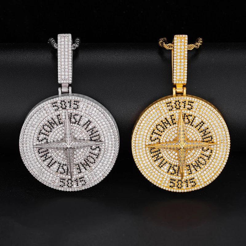 Hip Hop 3A+ CZ Stone Paved Bling Iced Out Compass Round Pendants Necklaces for Men Rapper Jewelry Black Gold Silver Color