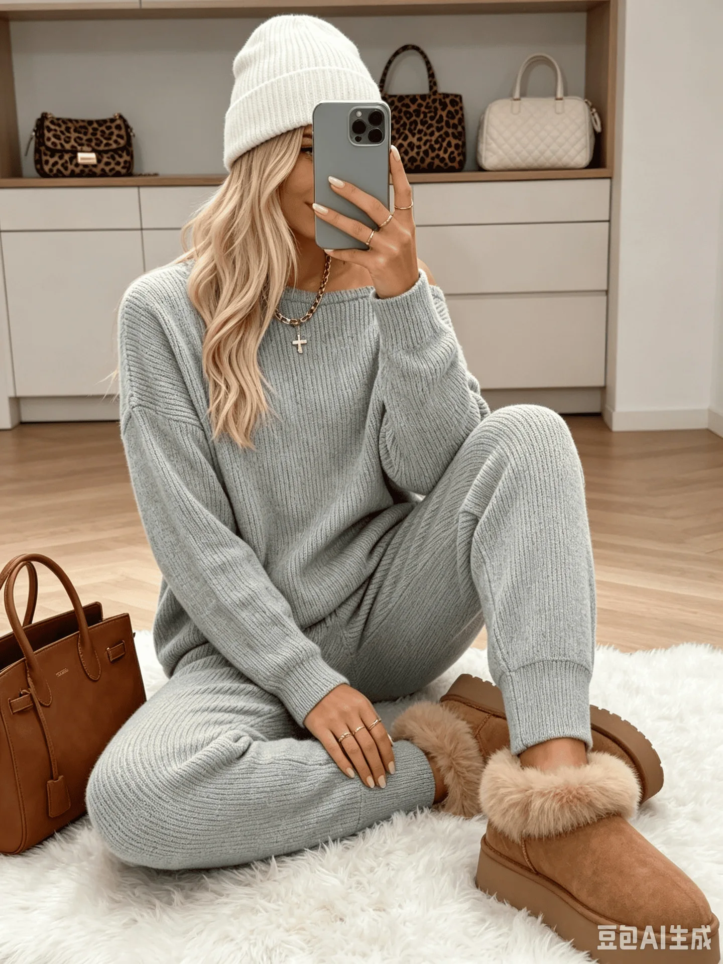 Damen-Strick-Set, bestehend aus zwei Teilen: lockerer Pullover mit langen Ärmeln + Jogginghose, lässige Freizeitkleidung, Trainingsanzug, Größen S–XXL, passende Sets. – Detail 1