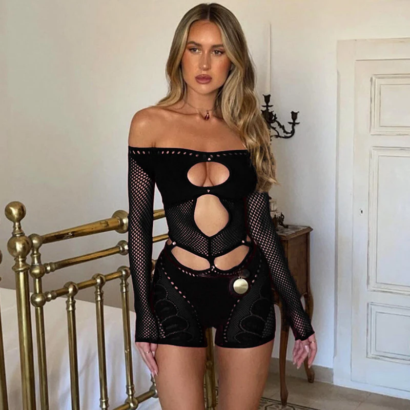 Sifreyr Off-shoulder Hollow Sexy Playsuits Women See Through Long Sleeve High Stretch Party Clubwear Female Slim Skinny Romper