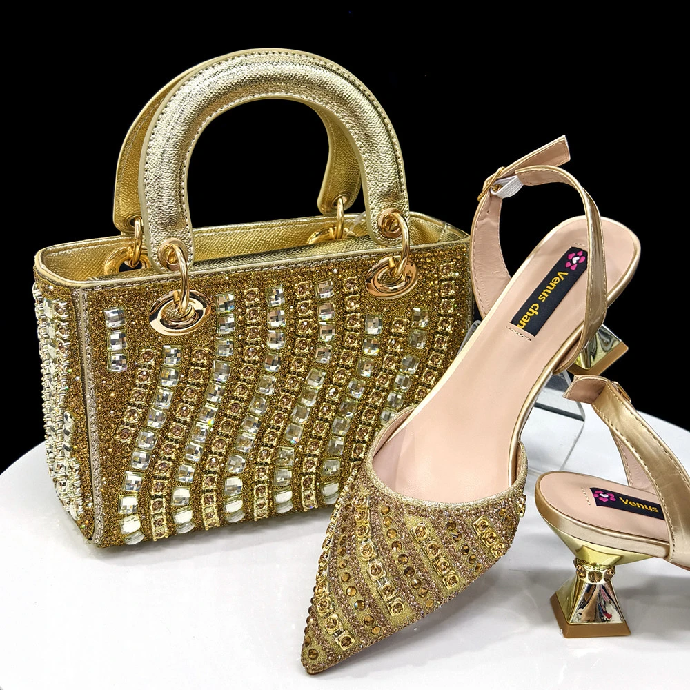 

2025 Latest Shiny Rhinestone Design Shoes Matching Bag Sets in Gold Color For African Women Wedding Party
