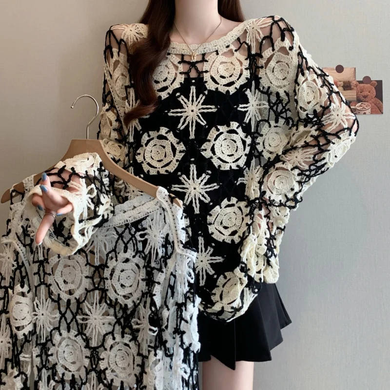 Casual Long Sleeve Pullover Elegant cardigan O-neck Chic Hook Flower Hollow Out bohemian Top Plus Size Clothing