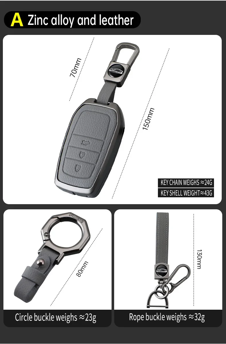 Luxury Zinc Alloy Leather Car Key Cover For Toyota A 2/3/4/5/6 Buttons Key Fob Shell Protector Holder Gray Auto car Accessories