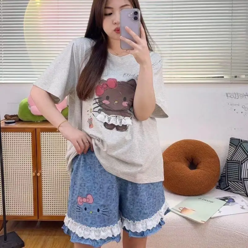 Popular Hello Kitty Summer Cartoon Women's Pajamas Large Size Short-Sleeved Shorts Two-Piece Set Lace Beautiful Ins Home Clothes