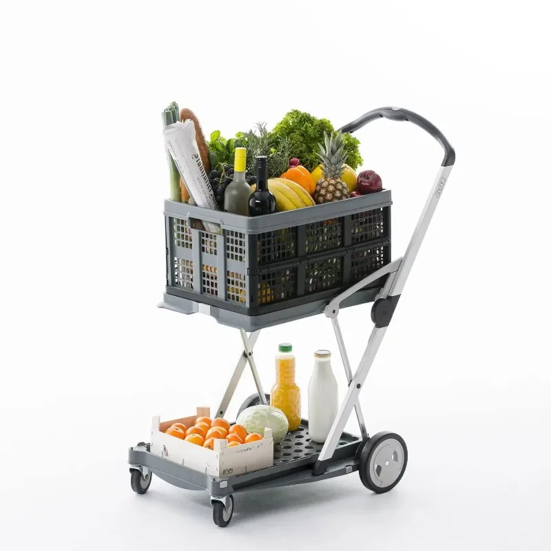 

2-Layer Utility Carts Folding Cart Lightduty Grocery Trolley Aluminum Shopping Cart with Storage Crate