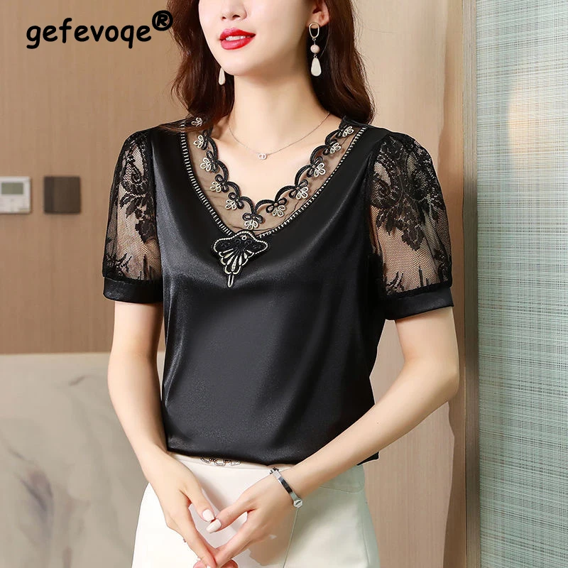 

Satin Sexy V-neck Lace Patchwork Elegant Chic Short Sleeve Ladies Tops Blouses 2023 Women Summer Fashion Black White Slim Shirts