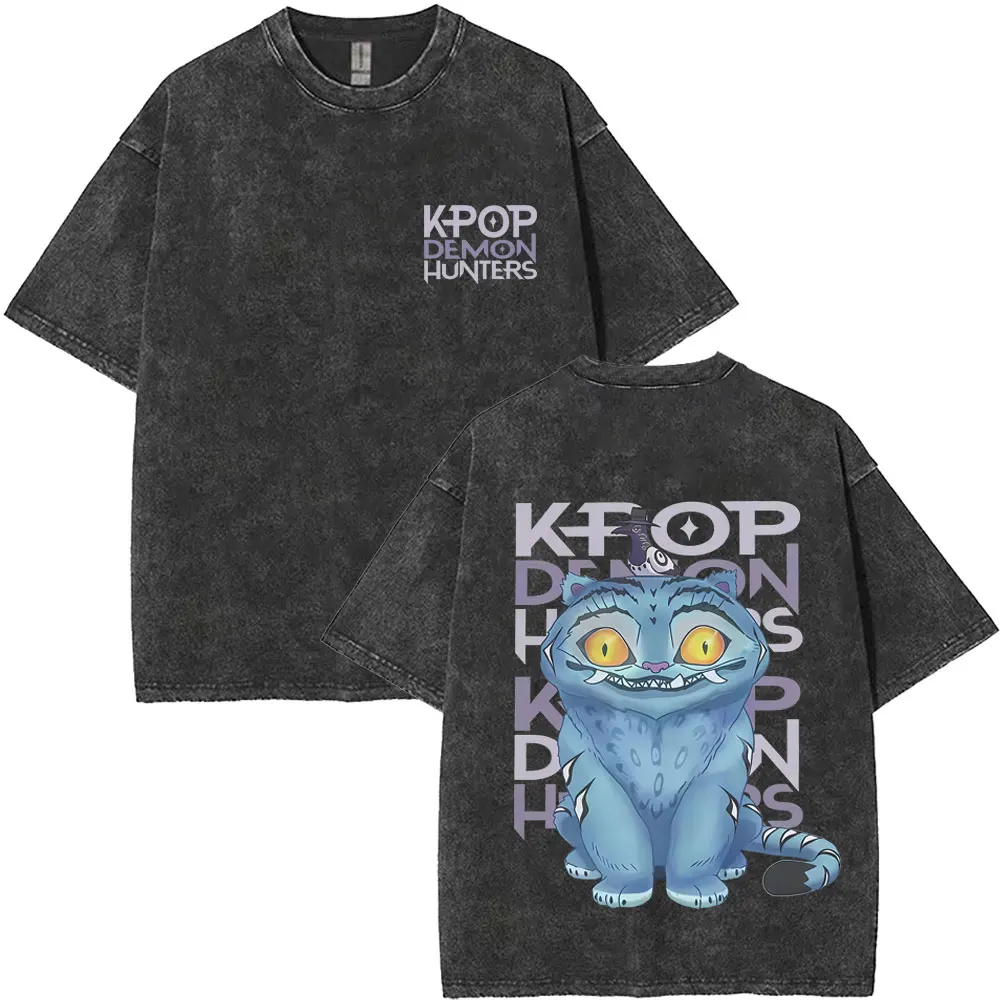 Movie Kpop Demon Hunters Derpy Tiger Washed Vintage T Shirt Men Women Cartoon Fashion Casual T-shirts Men's Oversized Streetwear
