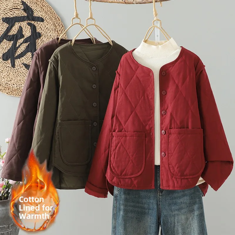 

Winter New Loose Slimming Versatile round Ne Quilted Cotton Jaet Retro Color Top Women Single Button Cotton Coat