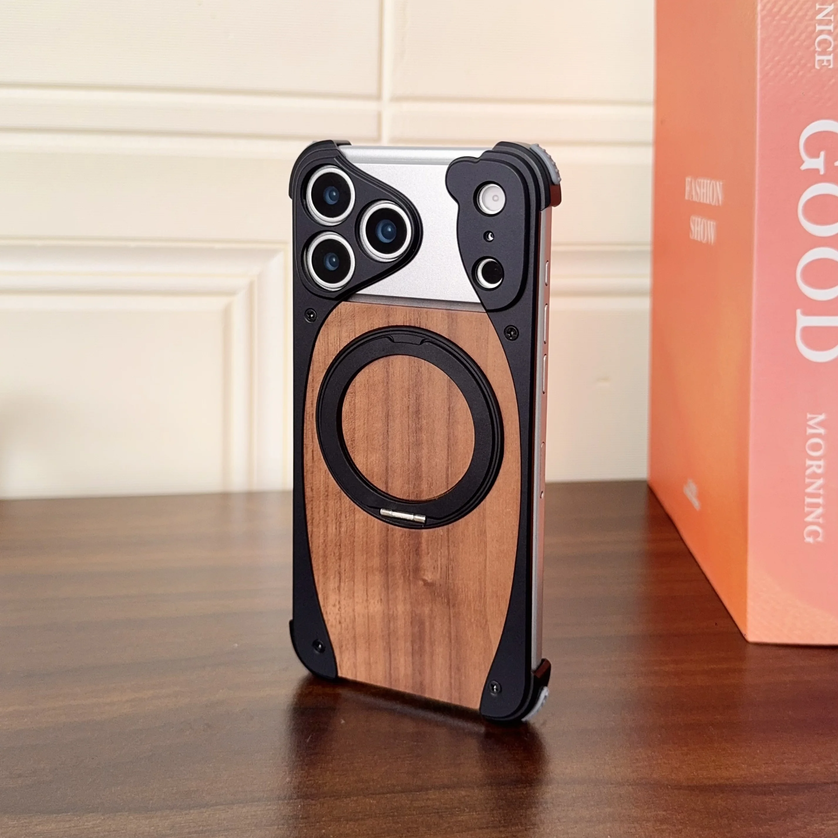 Luxury Metal Frame Walnut Wood Frameless Phone Case For iPhone 18 17 16 15 14 Pro Max Magsafe Magnetic Rotating Bracket Cover