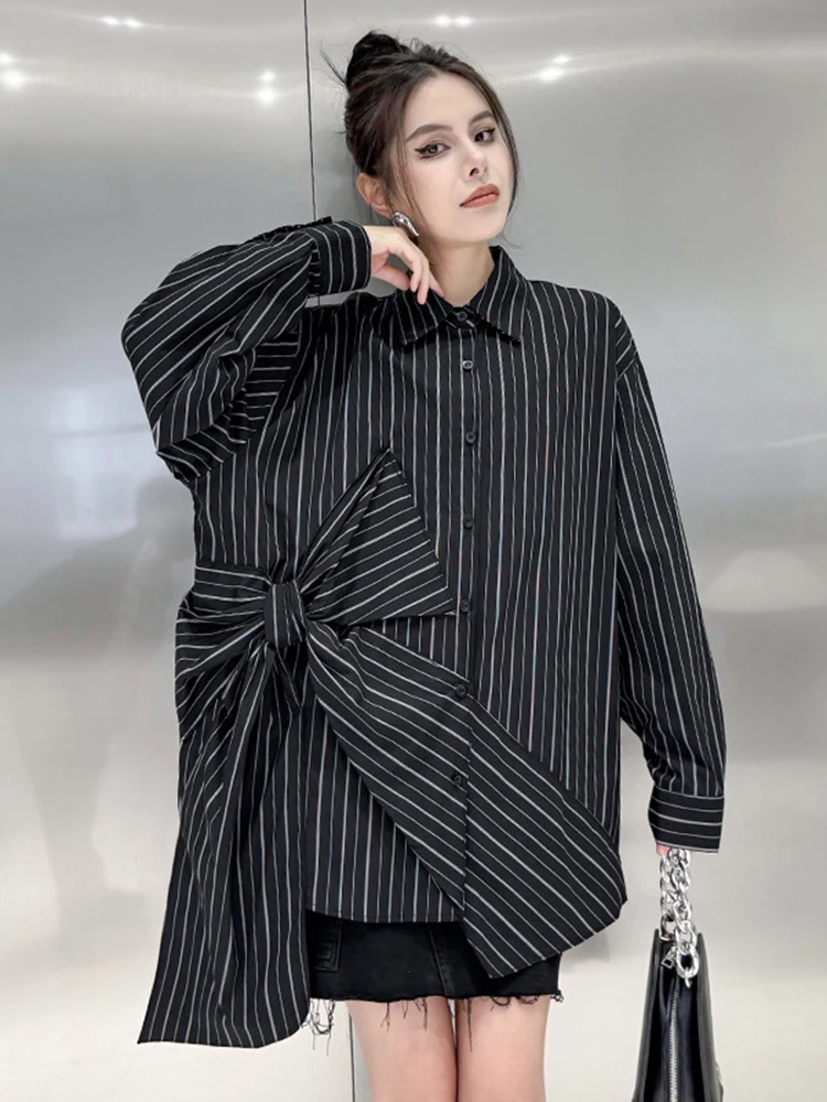 DEAT Fashion Women\'s Black Striped Shirt Lapel Loose Single Breasted Bow Irregular Long Sleeves Blouse Autumn 2024 New 1DH5046