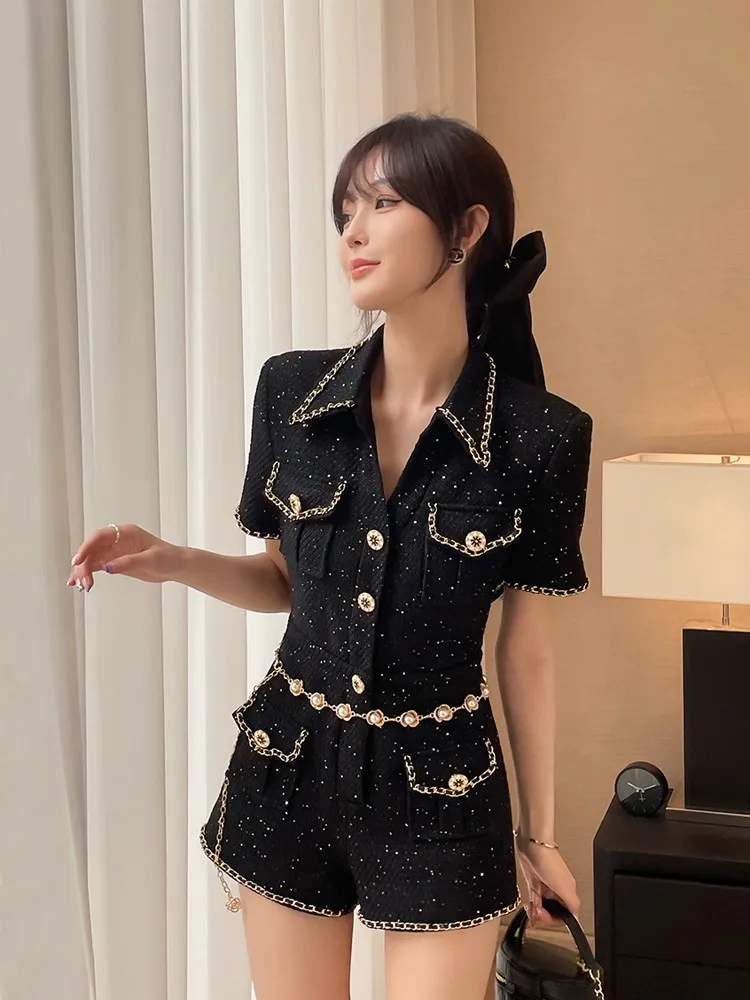 Office Ladies Spring Summer Tweed Rompers Black Short Sleeve Slim Fit Designer Elegant High Waist Shorts Women Vintage Playsuits