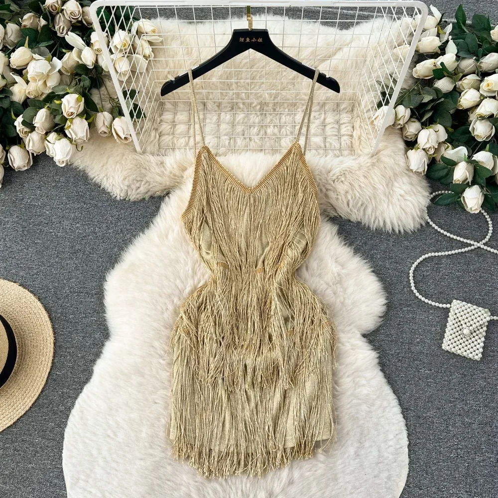 Sexy Tassels Patchwork Hollow Slip Dress Sexy Backless Elegant Evening Party Robe Women Vintage Slim Mini Ceremonial Clothing