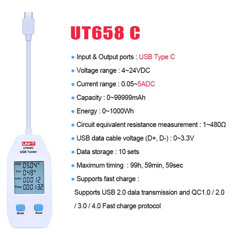 UNI-T Ut658c Digitale Lcd Usb Tester Detector Spanning Stroom Oplader Vermogen Capaciteit Meter Met Data-Opslag