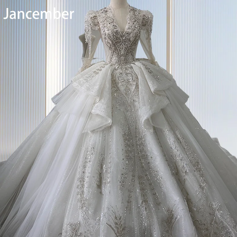 Jancember Full Sleeves Puff Sleeves Wedding Gowns Chapel Train Deep V-neck Beading Backless Button Illusion Wedding Dress XS002
