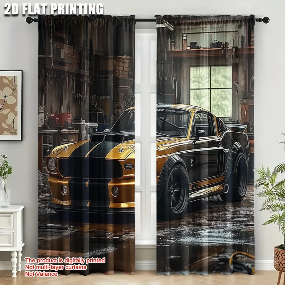 2pcs, Light Filtering Curtains  print Complex ancient super car garage Machine Washable (without rod) Decorations Outdoor