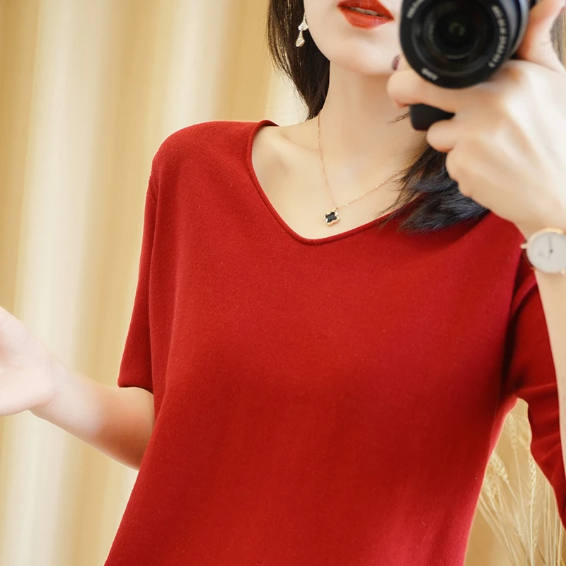 2022 Summer new cotton knit five-sleeve T-shirt Women's V-neck loose thin cotton and linen top half sleeve