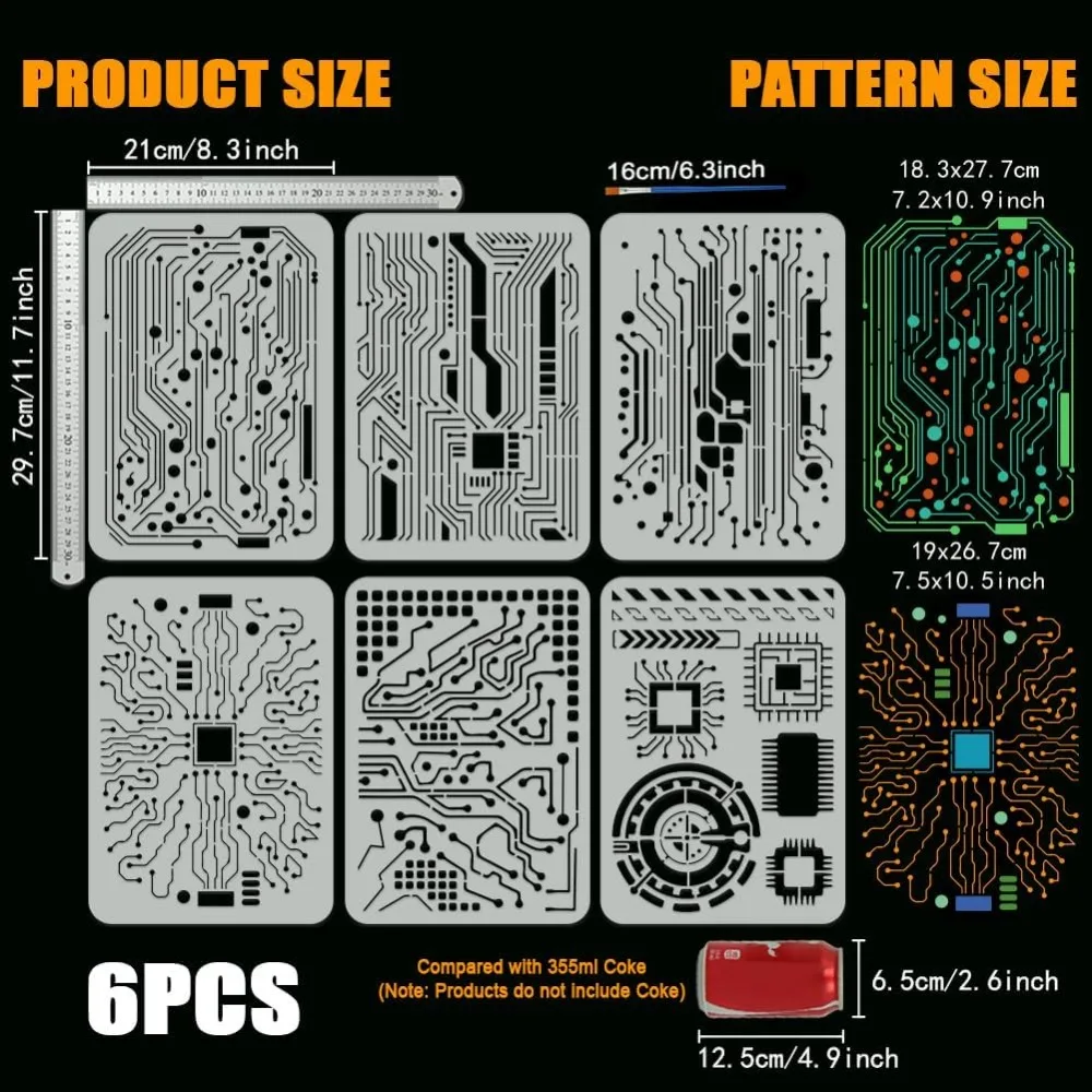 6 PCS Circuit Board Stencils with Paint Brush 8.3x11.7inch Circuit Diagram Templates Reusable Mixed Media Electronic Sketch