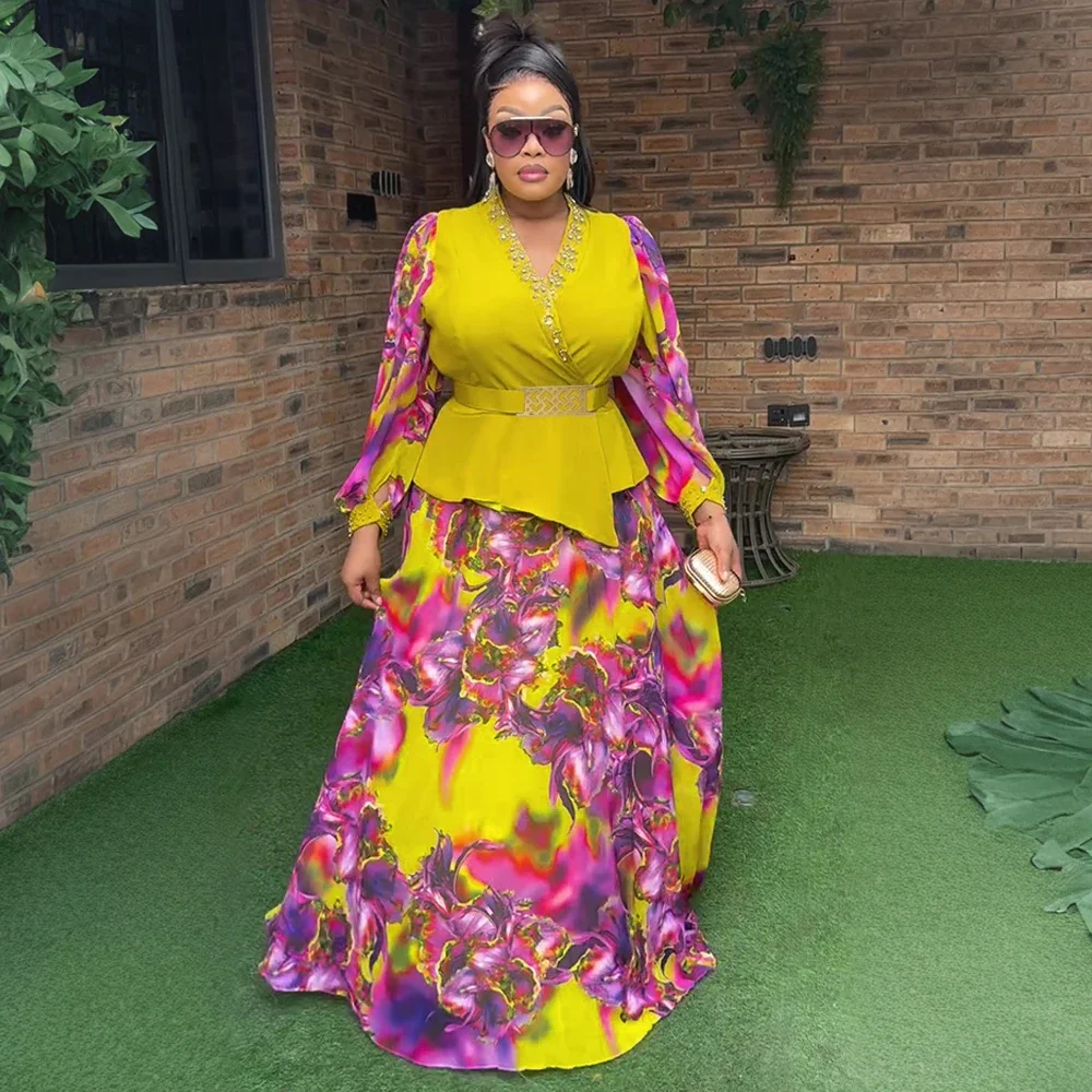 여성을위한 아프리카 의류 2 PCS 세트 탑과 스커트 정장 Dashiki Ankara 터키 복장 가운 플러스 사이즈 웨딩 파티 드레스