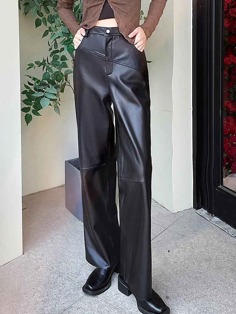 2024 High Waist Pants Womens Straight Genuine Leather Pants for Women Tousers Full Length Korean Streetwear Pantalones De Mujer