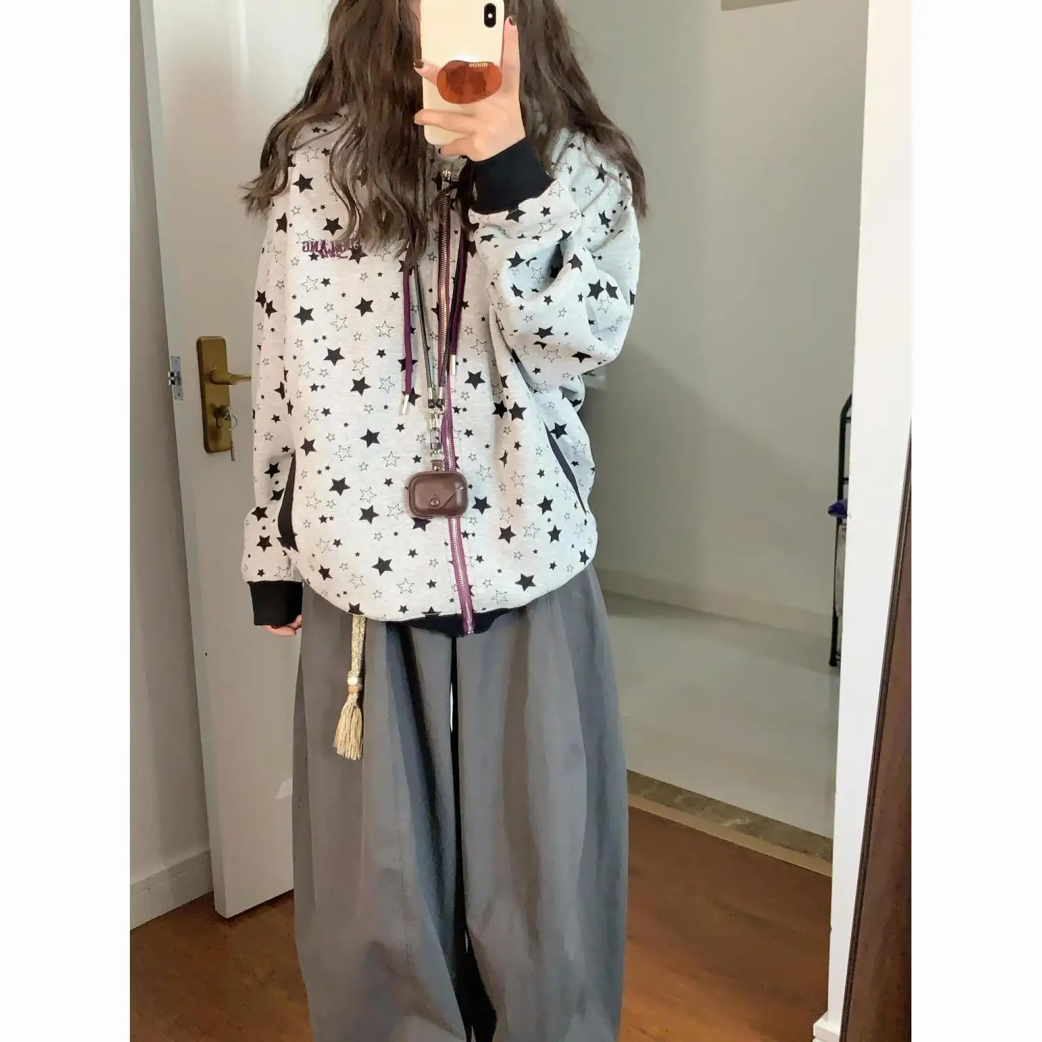 プリント刺繍ジッパー中国綿複合薄型ルーズファッショナブルな韓国スタイルデザイン花柄スター