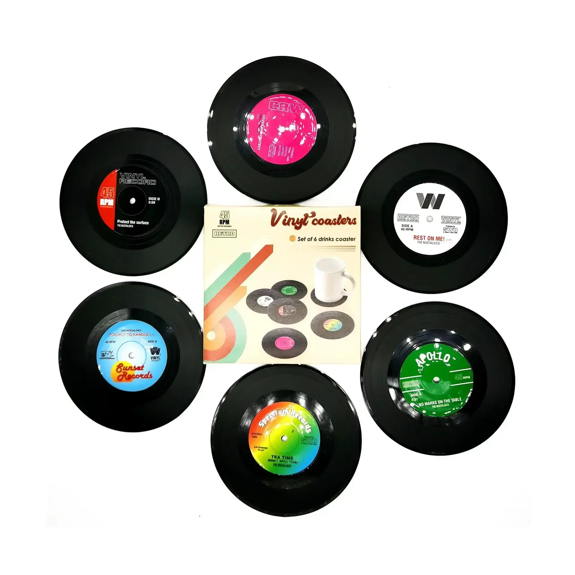 Set of 6 Colorful Retro Vinyl Record Disk Coasters for Drinks Vinyl Record Coaster Set Coffee Table Decor Kitchen Accessories