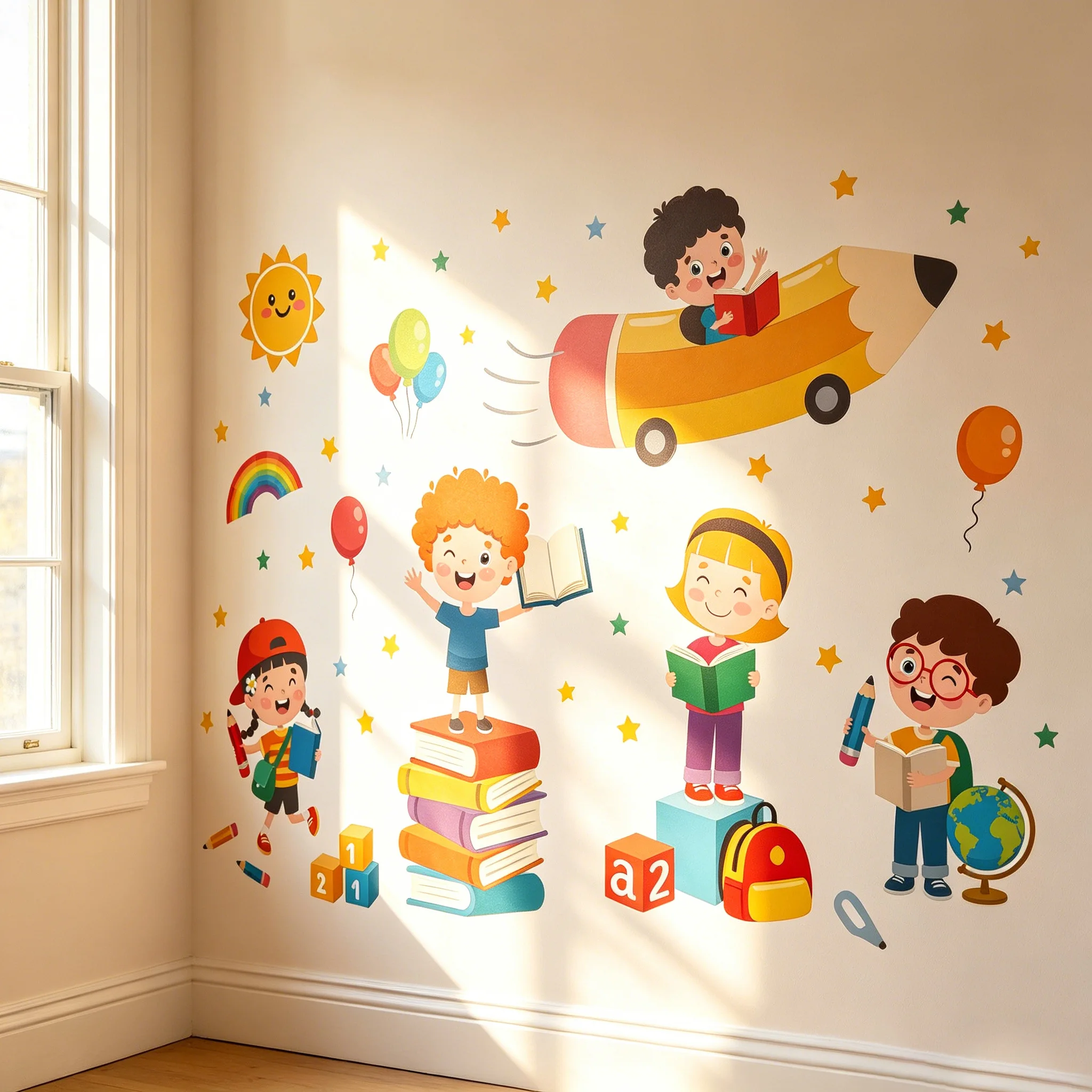 Cartoon Kids Reading Wall Stickers Cute Children Pencil Rocket Book Stack Sun Rainbow Balloon Star Wall Decals Removable Classro