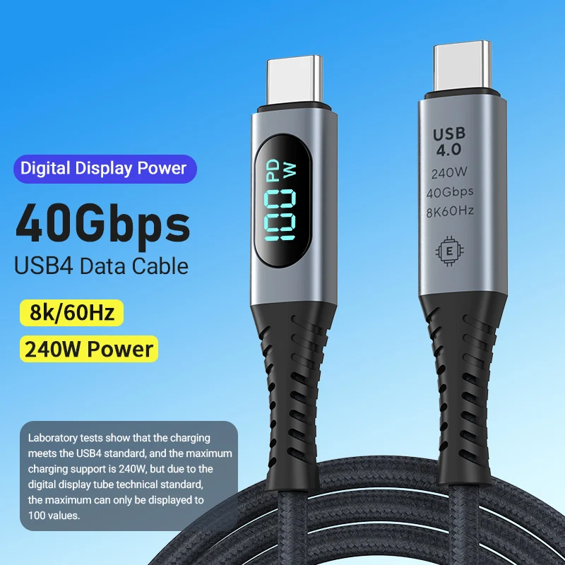 8K60Hz USB4 Data Cable 240W Type C to C Fast Charging Cable 40 Gbp/s USB-C Cable with Digital Display Power for Notebook, Phone