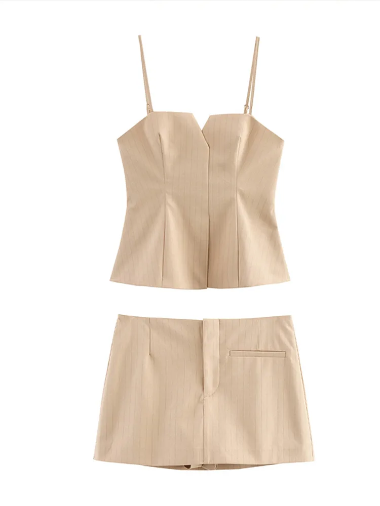 

Chic Zipper Pocket shorts sets women Solid V-neck Sleeveless Sling Top Hip Package Culotte 2025 Spring Lady High Street Outfits