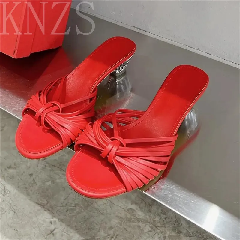 

Summer New Round Toe Fashion Chunky Heel Woman Slippers Sexy High Heels Concise Real Leather Narrow Band Casual Shoes Women 2024