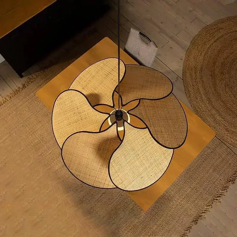 Wabi Sabi Straw Woven Chandelier - Japanese Flower LED Ceiling Light for Living Room & Kitchen Island