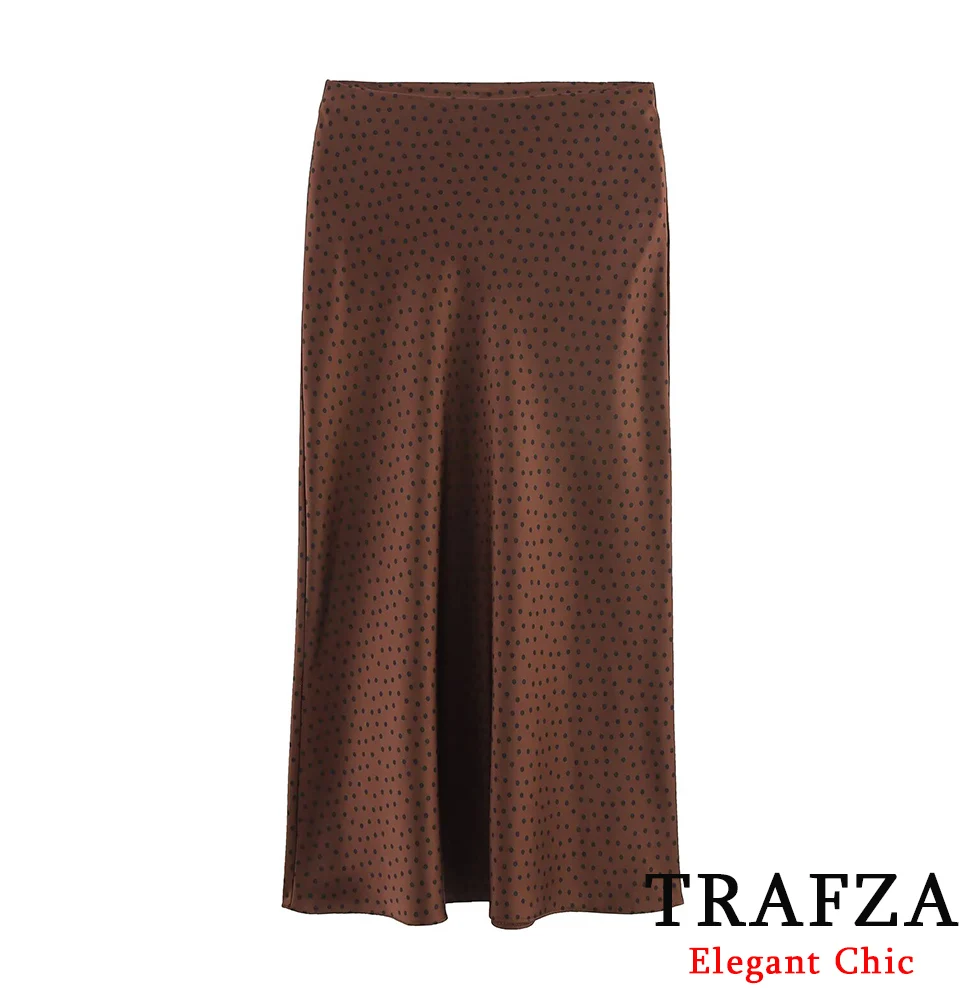 

TRAFZA Vintage Brown Polka Dot Satin Skirt Women's Elastic Waist Hip Wrap Skirt 2025 Spring Summer Casual Holidays Mujer Skirt