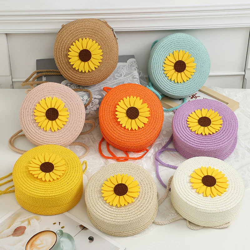 Summer Sunflower Decor Round Crossbody Shoulder Bag Women Woven Beach Bag Ladies Rattan Handmade Knitted Straw Purse And Handbag