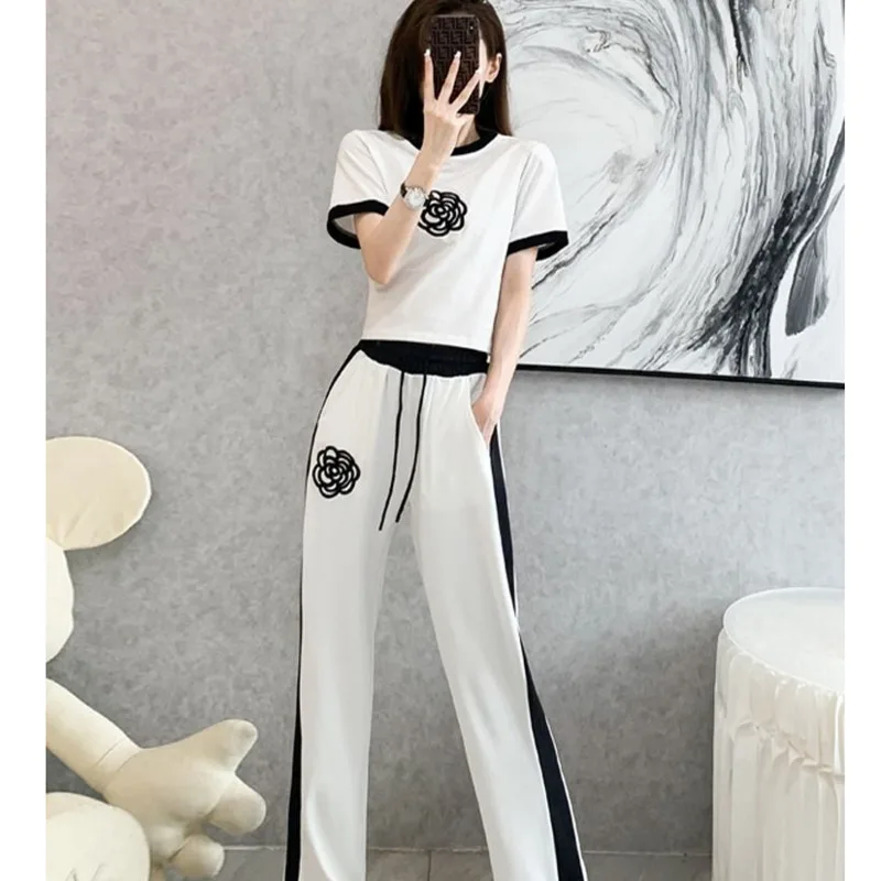 Women\'s Casual Sports Suit 2024 Summer New Fashion Street Bombing Style Short Sleeve Corp Top And Wide Leg Pants 2 Two Piece Set