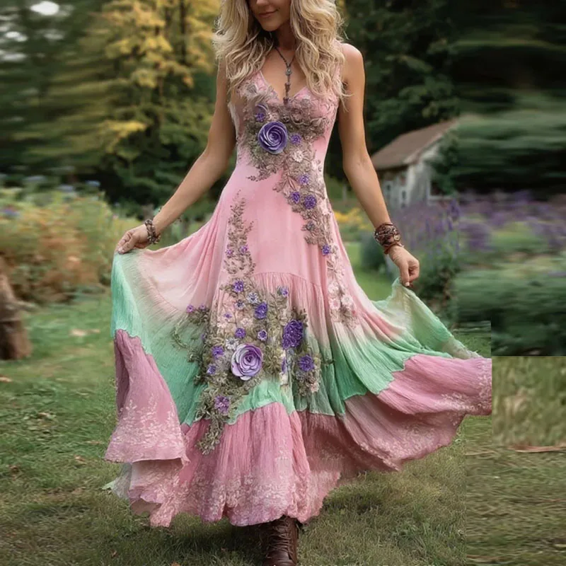 Sexy Hohl Tiefem V-ausschnitt Böhmischen Urlaub Kleid Frühling Retro Blume Drucken Swing Frau Kleider Sommer Ärmellose Strap Maxi Kleid