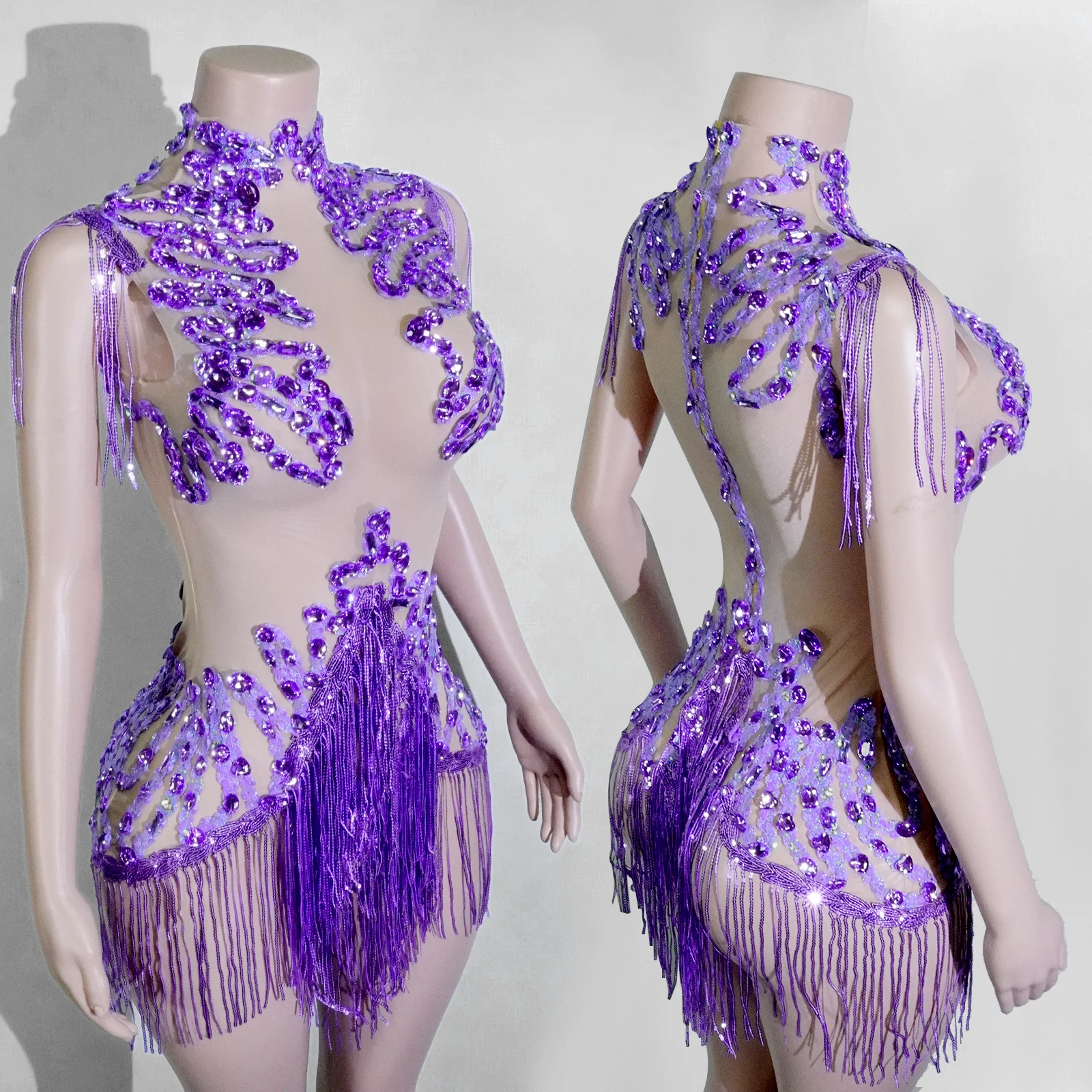 Sparkle Purple Rhinestones Mesh Tassels Leotard Drag Queen Bodysuit Stage Singer Performance Femme Sexy Gogo Costume NightClub