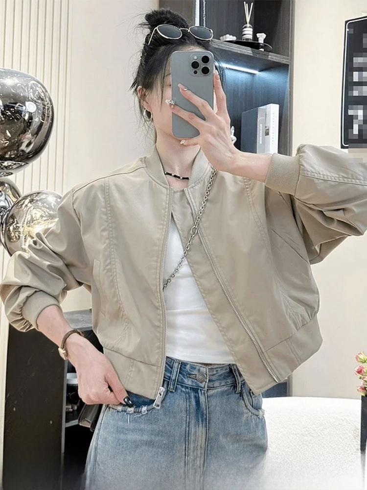 

Женская повседневная куртка на раннюю весну, маленький размер, простой модный дизайн, воротник-стойка, бейсбольный стиль, спортивная верхняя одежда
