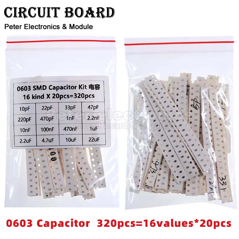 

320PCS=16values*20pcs 0603 Capacitor Assorted Kit SMD 10PF-22UF Electronic DIY Samples Set