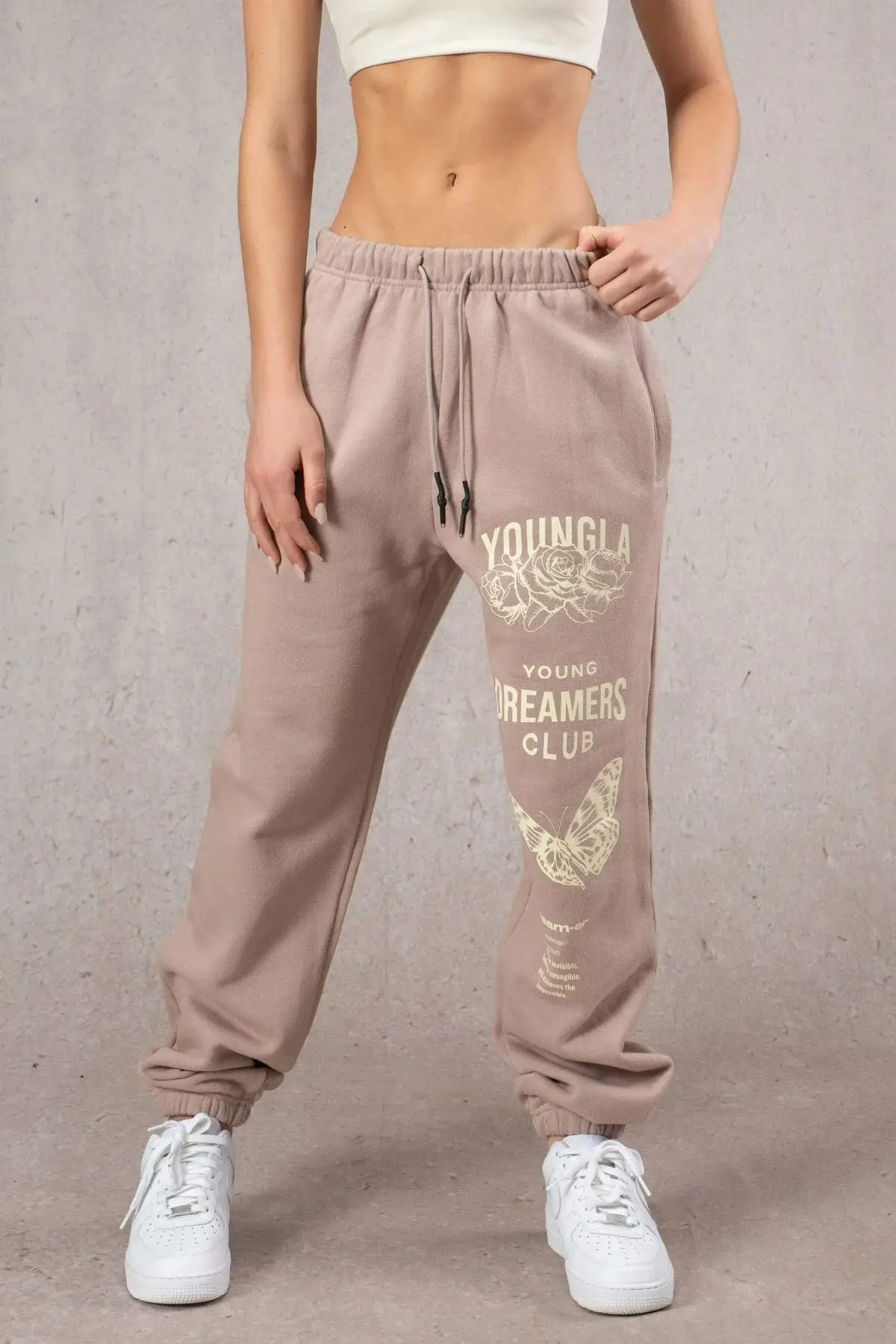 Calça de moletom americana para academia, fitness, corrida, treinamento, algodão, lã, estampada, borboleta, dança, rosa, pés agrupados