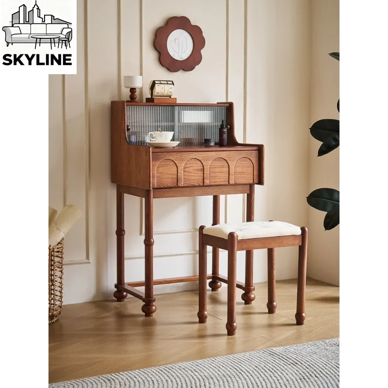 Piano Style Ash Wood Dressing Table, Retro Drawer Vanity for Small Apartment Bedroom
