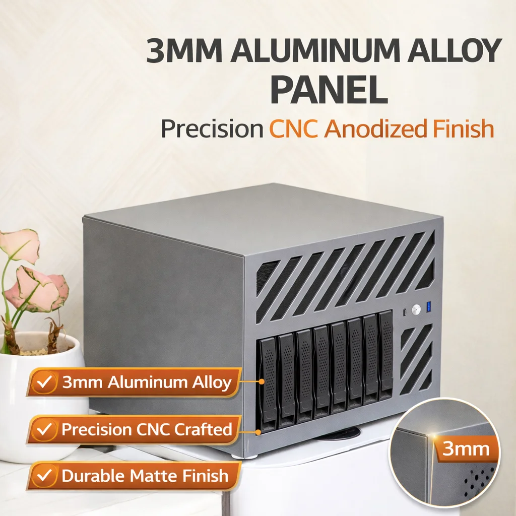 8 Bay NAS Case 22L ATX Server Chassis with 8643 Backplane Supports SATA/SAS HDD SSD, 3mm Aluminum CNC, SFX PSU Storage Enclosure