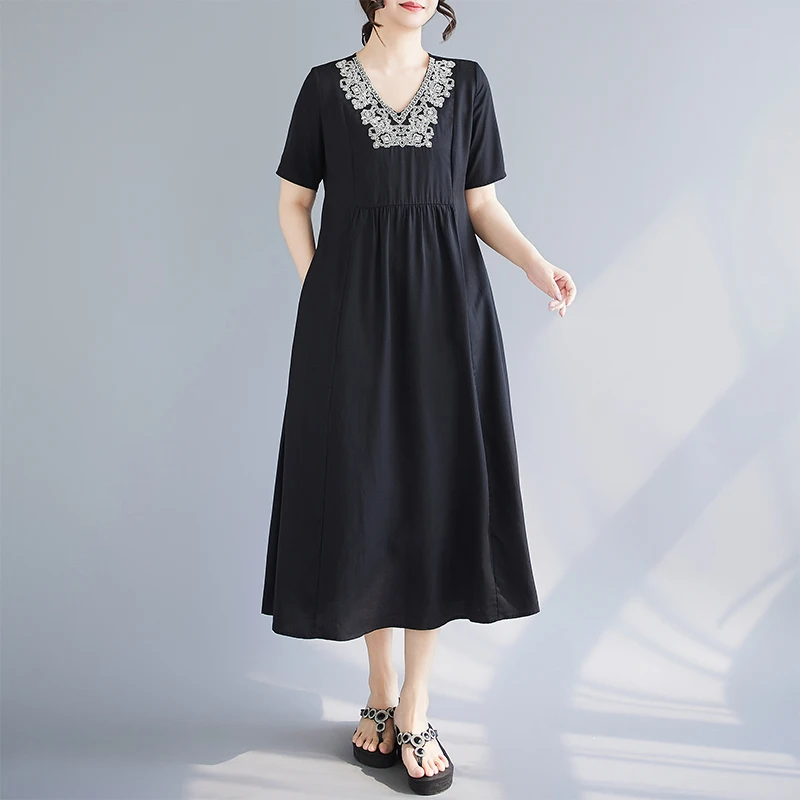 NYFS الراقية مزاجه الخامس الرقبة المطرزة فستان أسود طويل 2025 صيف جديد فضفاض قصير الأكمام فستان امرأة رداء Elbise