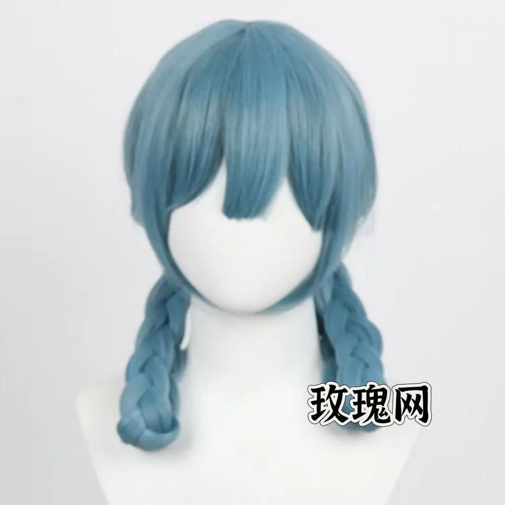 회색과 파란색의 이중 트위스트 머리띠에 깔끔한 앞머리가 달린, 애니메이션 같은, 비인간적인, 작은 용 소녀의 가발처럼 보이는 머리띠입니다.