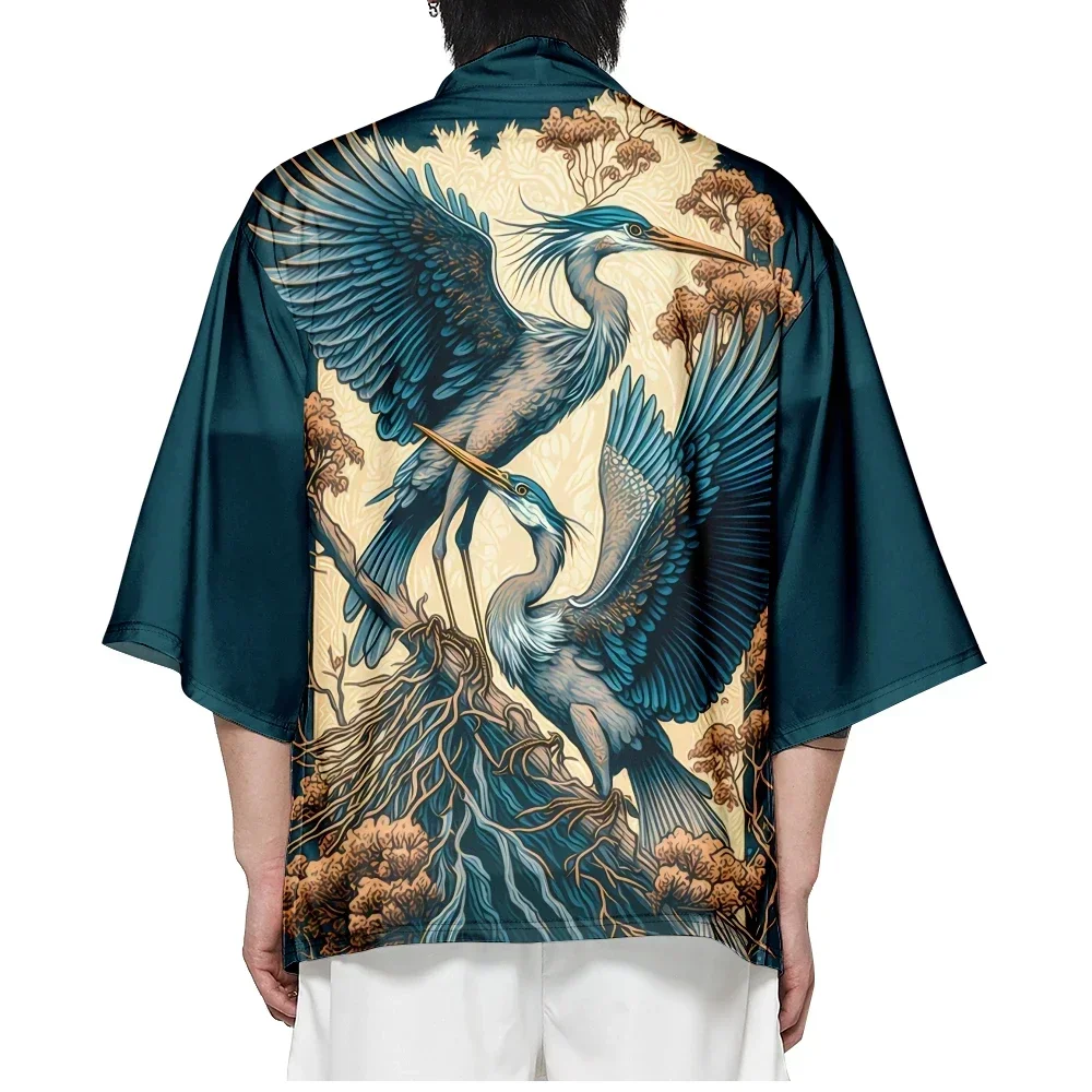 Japanese Crane Pattern Casual Kimono Summer Beach Shirt Cardigan Haori 2024 Traditional Yukata Oversized Top for Men and Women