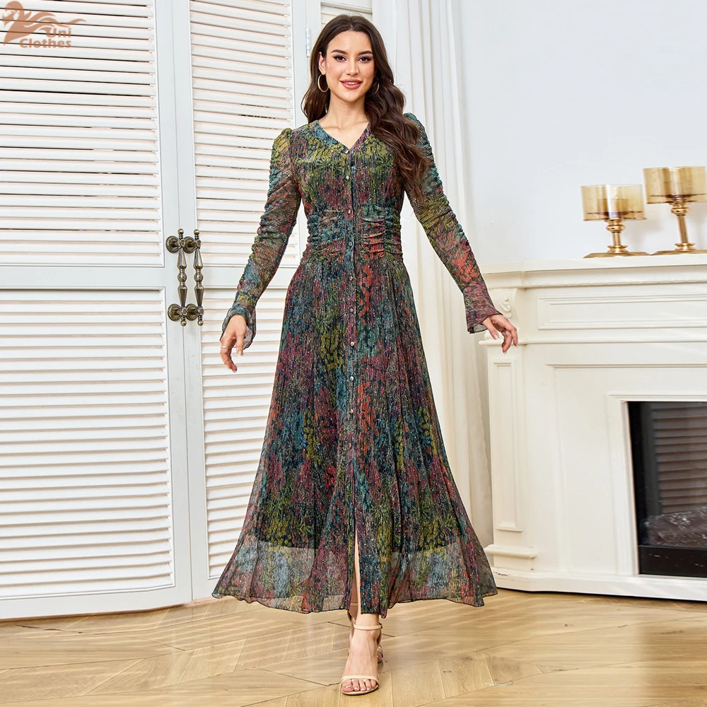 

Uni Muslim Rhinestone Beaded Waist Dress Dubai V-Neck Floral Print Abayas Mesh Sleeve Robe Femme Musulmane