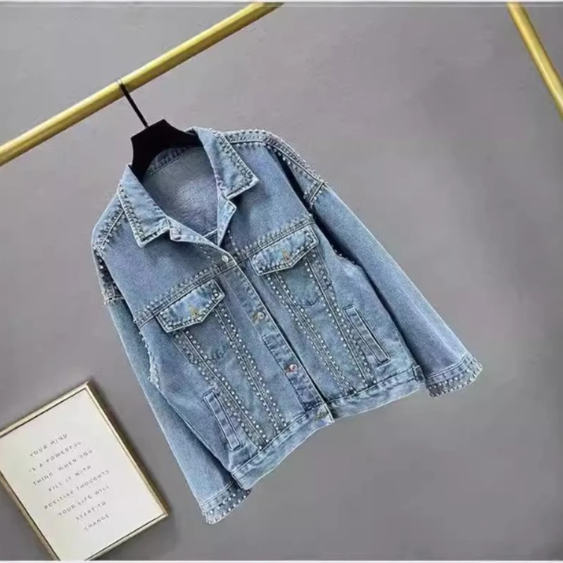 Rhinestone Beading Denim Jacket for Women Fashionable High Street Autumn Jackets Loose Lapel Female Shiny Coat 2025 New