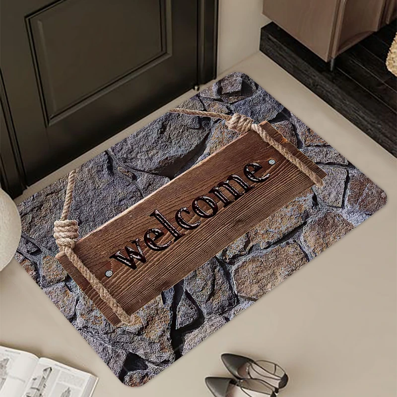 Stone and Letter Patterned Door Mat Velvet Rectangle Rug for Entrance Living Room Kitchen Bathroom Bedside Carpet  Welcome Mat